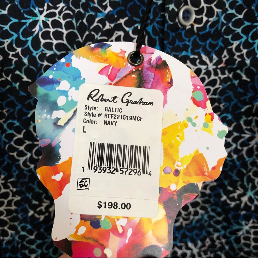 ROBERT GRAHAM Large Baltic Long Sleeve Shirt Flip Cuff Navy Floral Geometric NWT - Picture 5 of 13